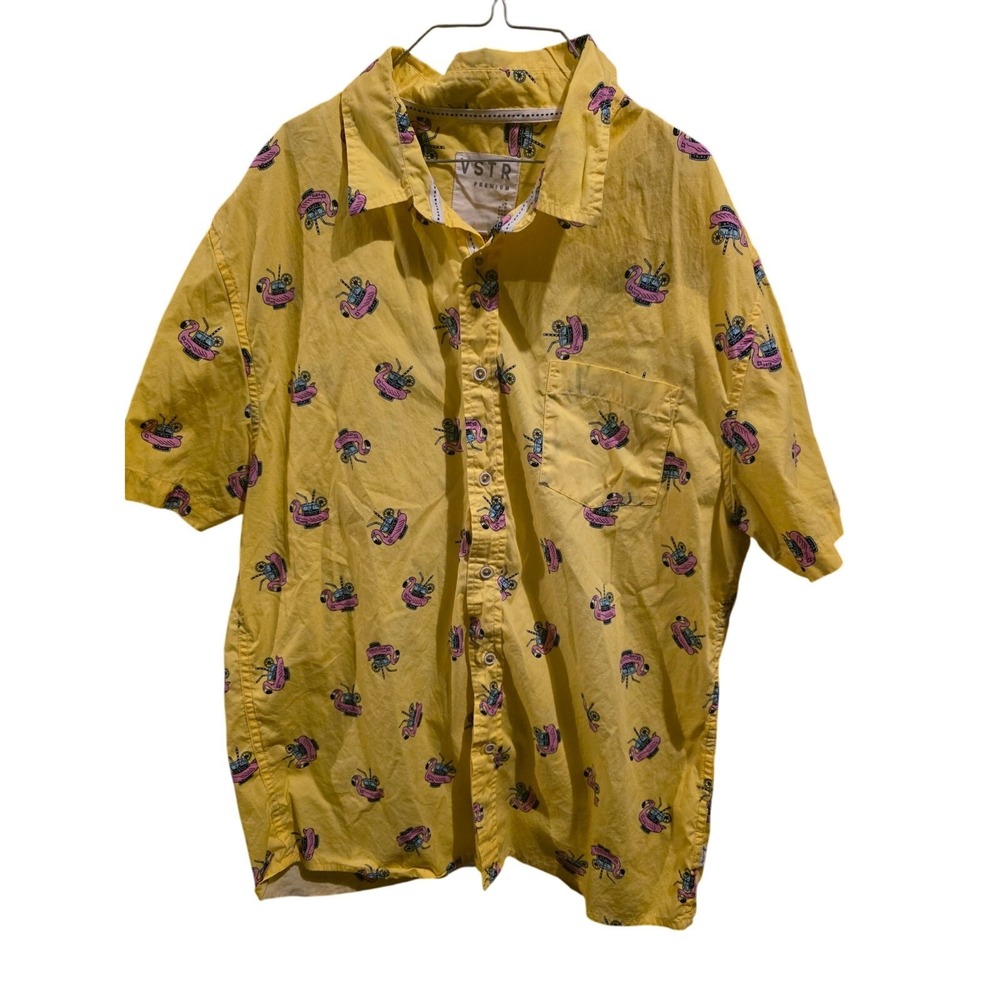 VSTR Premium Fun Flamingo Button‎ Front Shirt XXL Mens Yellow Short Sleeve